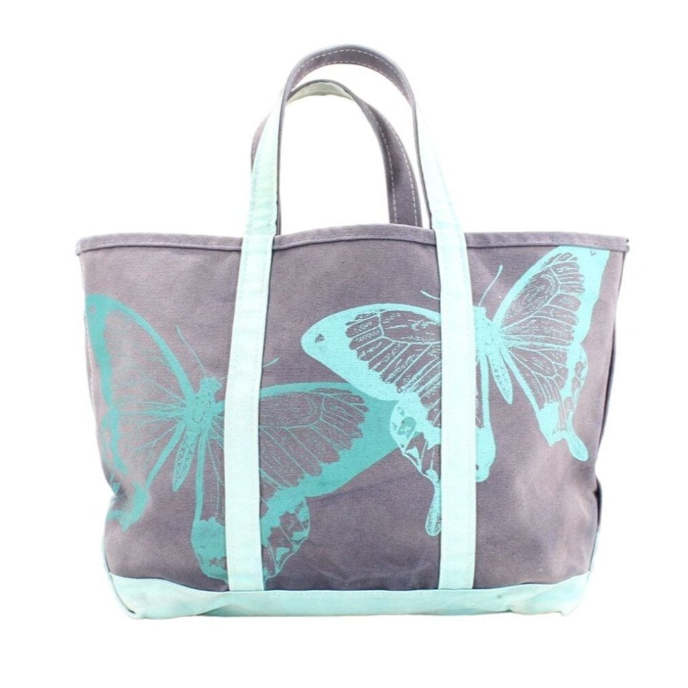 Vintage LL Bean Boat & Tote Canvas Butterfly Print Bag Navy Teal Rare USA Made - Picture 1 of 9
